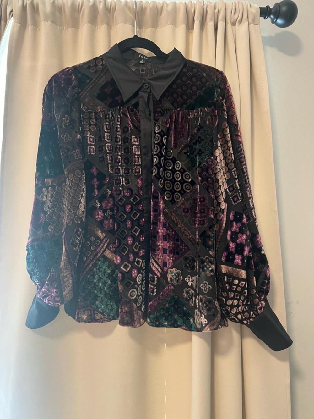 Fate Velvet Burnout Sheer Blouse Small Boho Jewel Tone Button Front Top
